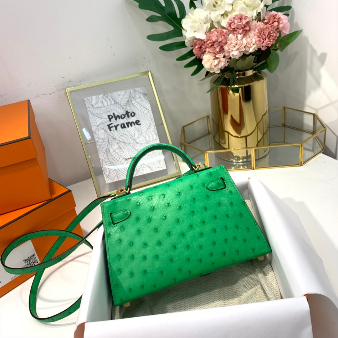 现货 Hermes Minikelly2代 爱马仕KK鸵鸟皮迷你凯莉包2代 竹子绿 金扣