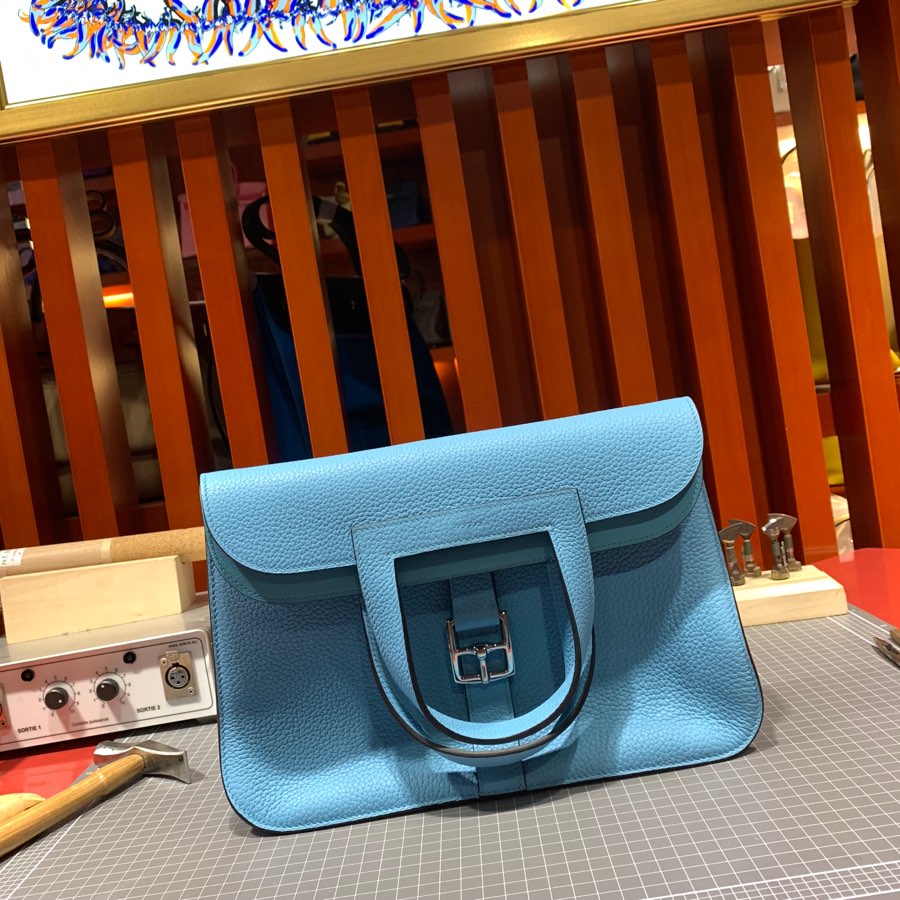 现货 Hermes Halzan31CM 爱马仕北方蓝进口Tc皮马蹄包手提单肩包