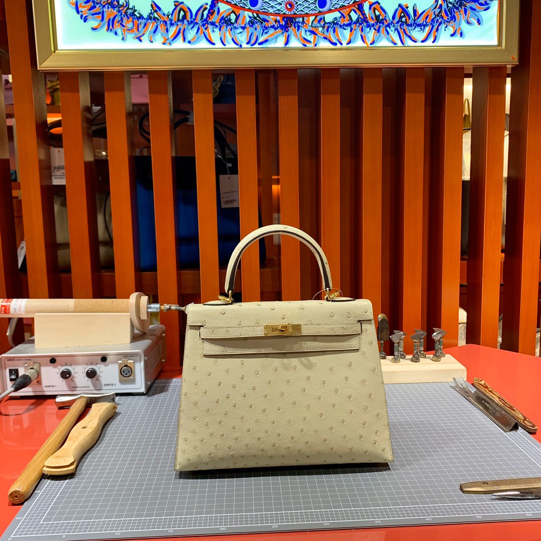 现货 Hermes Kelly25cm 爱马仕南非KK鸵鸟皮凯莉包 羊毛白 金扣