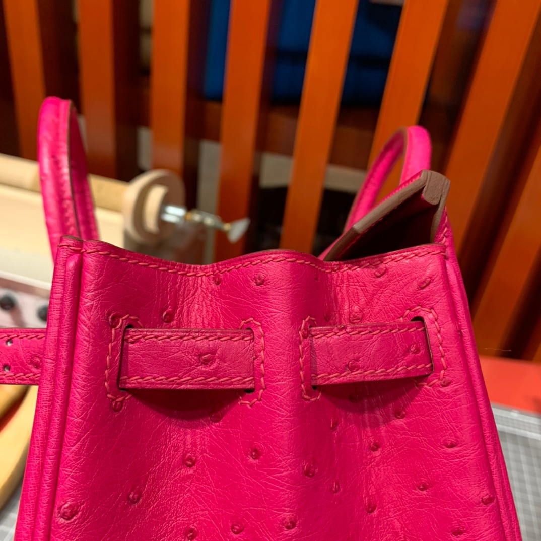 现货 爱马仕Birkin包包 Hermes极致粉KK鸵鸟皮铂金包Birkin25CM 金扣