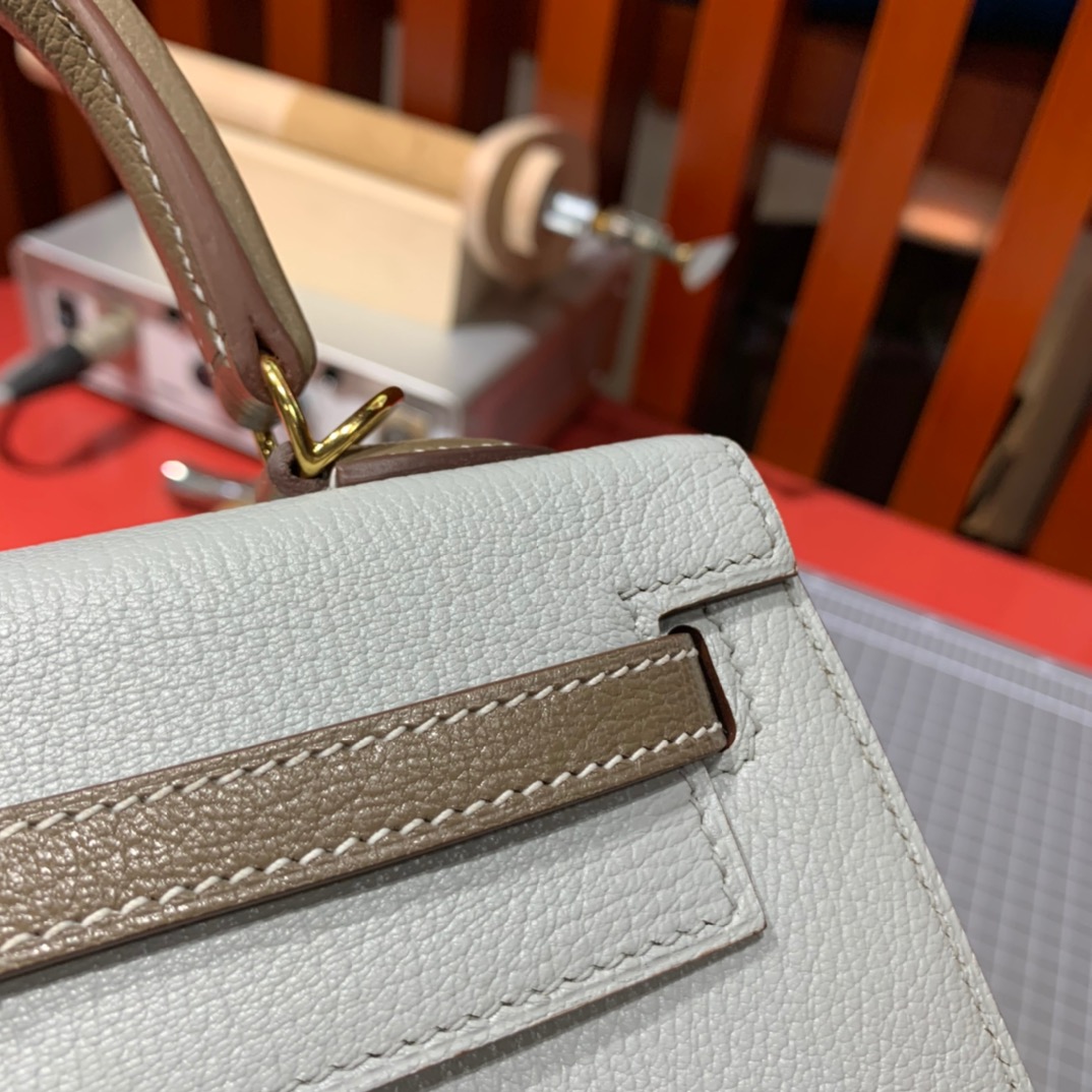 现货 Hermes Kelly25CM 爱马仕海鸥灰拼大象灰进口山羊皮凯莉包 金扣