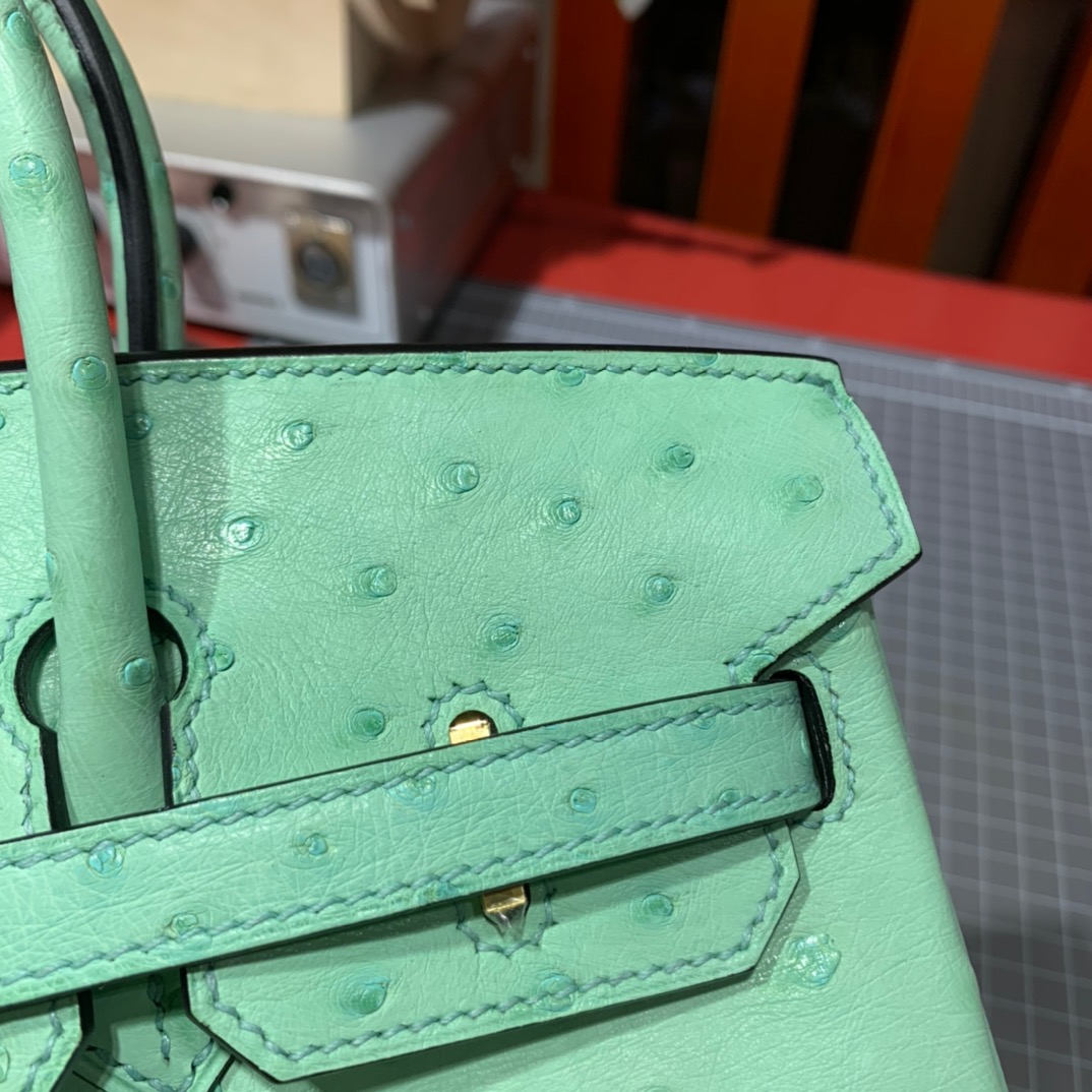 现货 爱马仕铂金包尺寸 Hermes Birkin25CM 冰淇淋绿KK鸵鸟皮 金扣