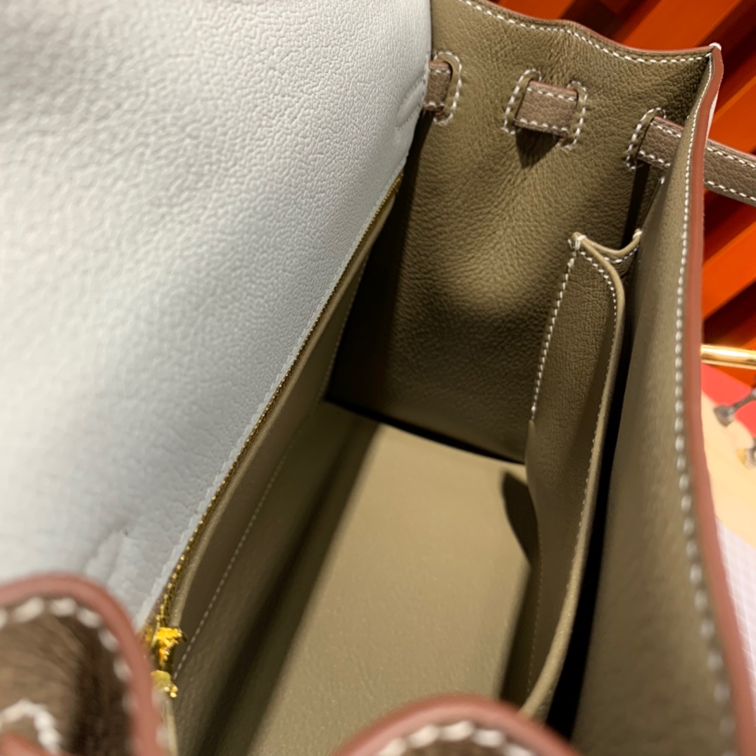 现货 Hermes Kelly25CM 爱马仕海鸥灰拼大象灰进口山羊皮凯莉包 金扣
