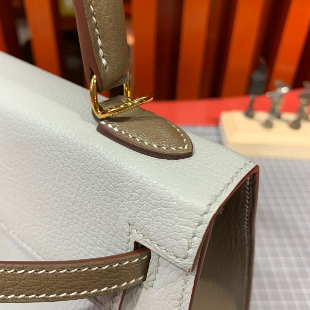 现货 Hermes Kelly25CM 爱马仕海鸥灰拼大象灰进口山羊皮凯莉包 金扣