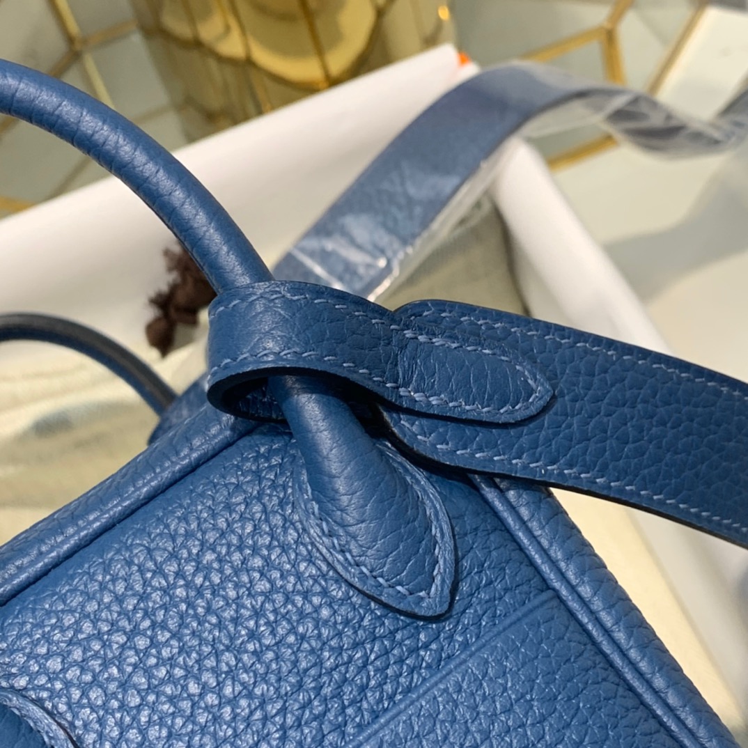 现货 Hermes Mini Lindy19cm 爱马仕深邃蓝顶级TC牛皮迷你琳迪包 金扣