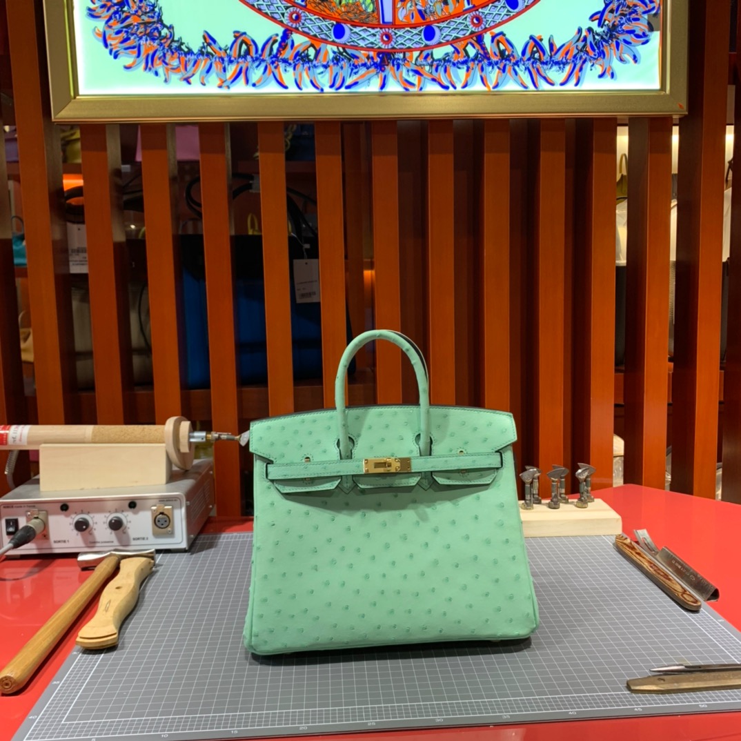 现货 爱马仕铂金包尺寸 Hermes Birkin25CM 冰淇淋绿KK鸵鸟皮 金扣