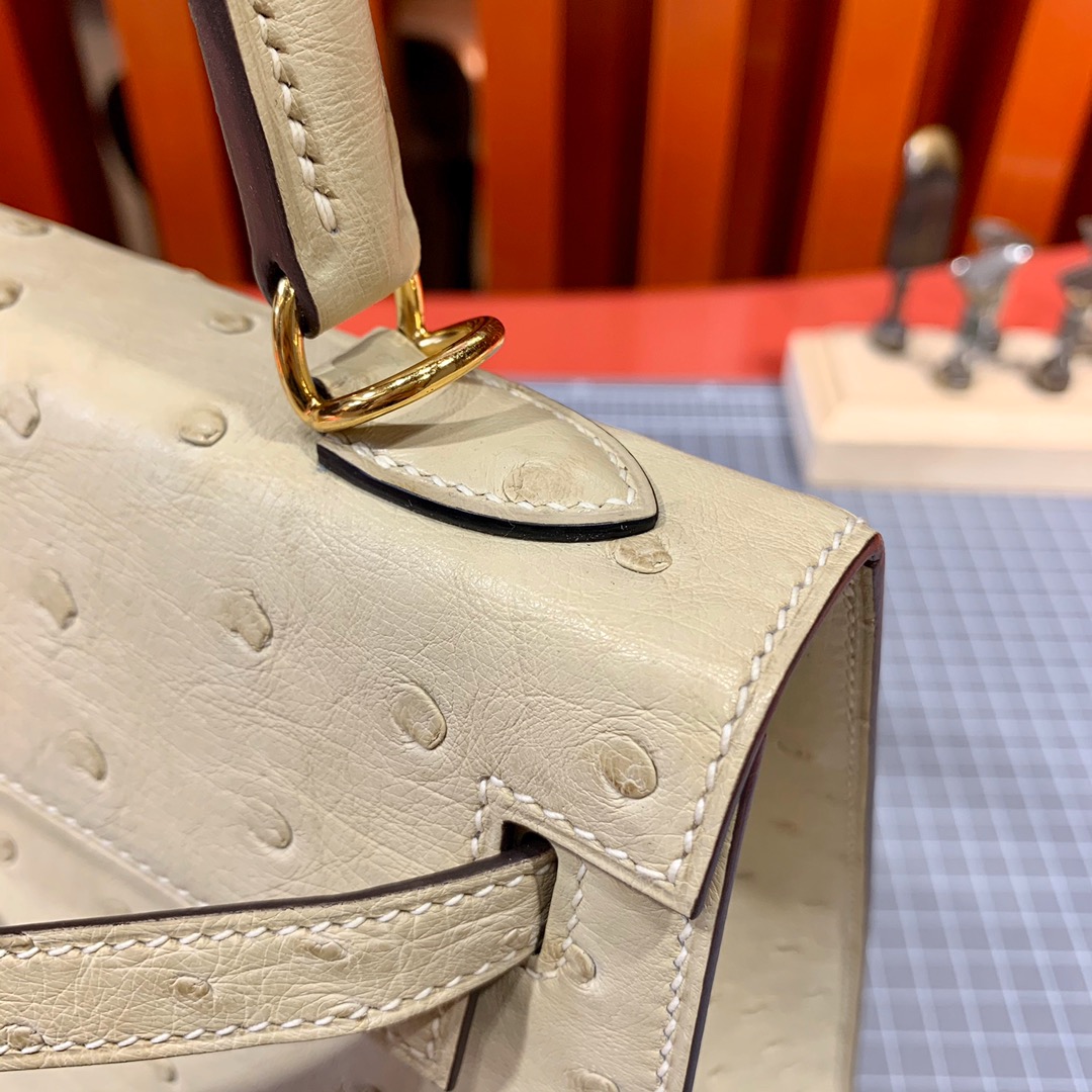 现货 Hermes Kelly25cm 爱马仕南非KK鸵鸟皮凯莉包 羊毛白 金扣