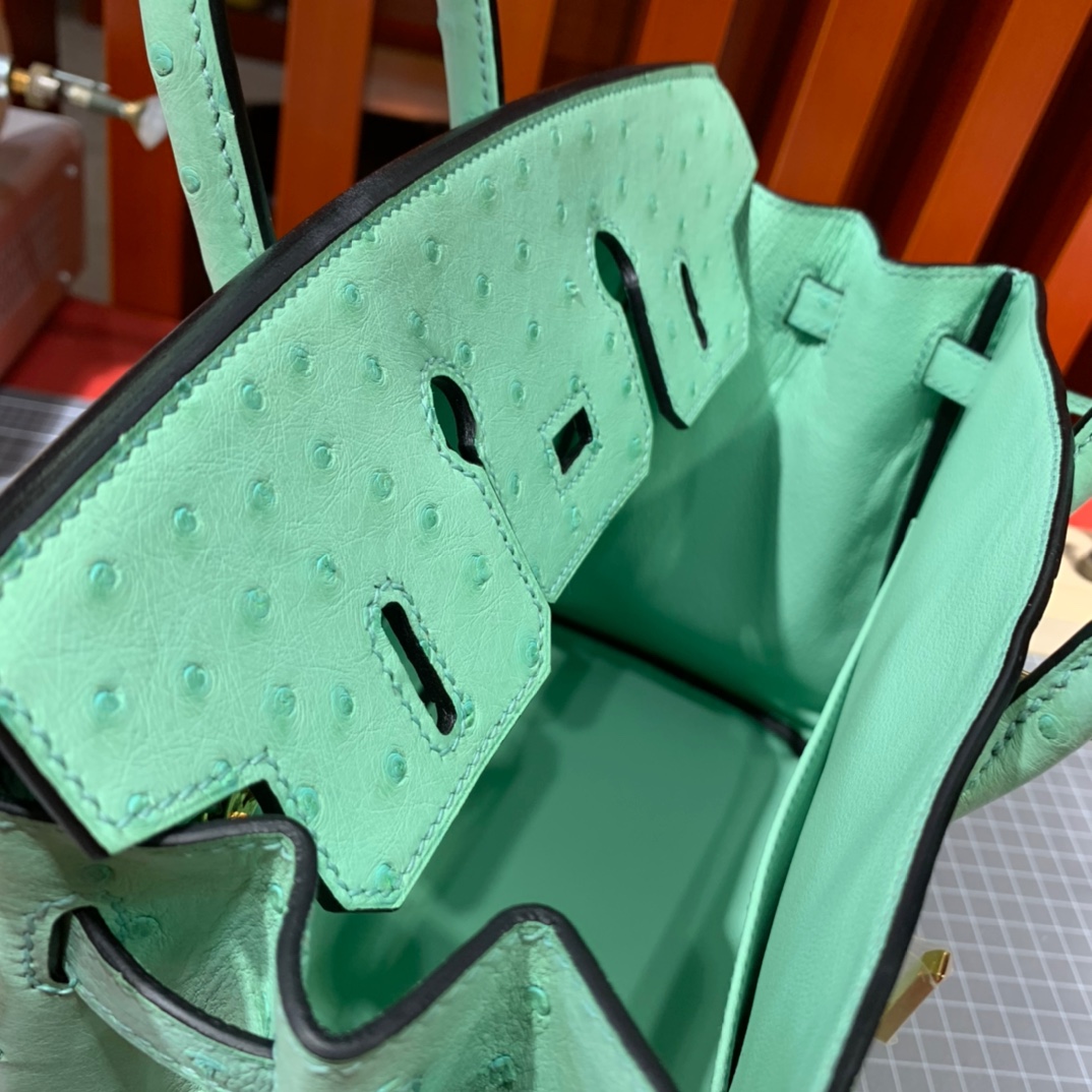 现货 爱马仕铂金包尺寸 Hermes Birkin25CM 冰淇淋绿KK鸵鸟皮 金扣