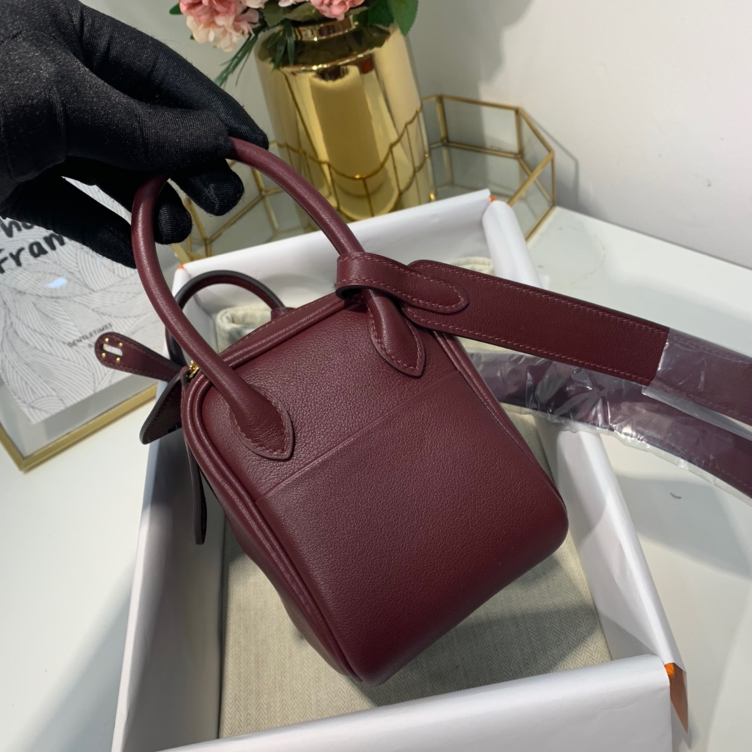 现货 Hermes爱马仕波尔多酒红Swift皮迷你琳迪包Mini Lindy19cm 金扣
