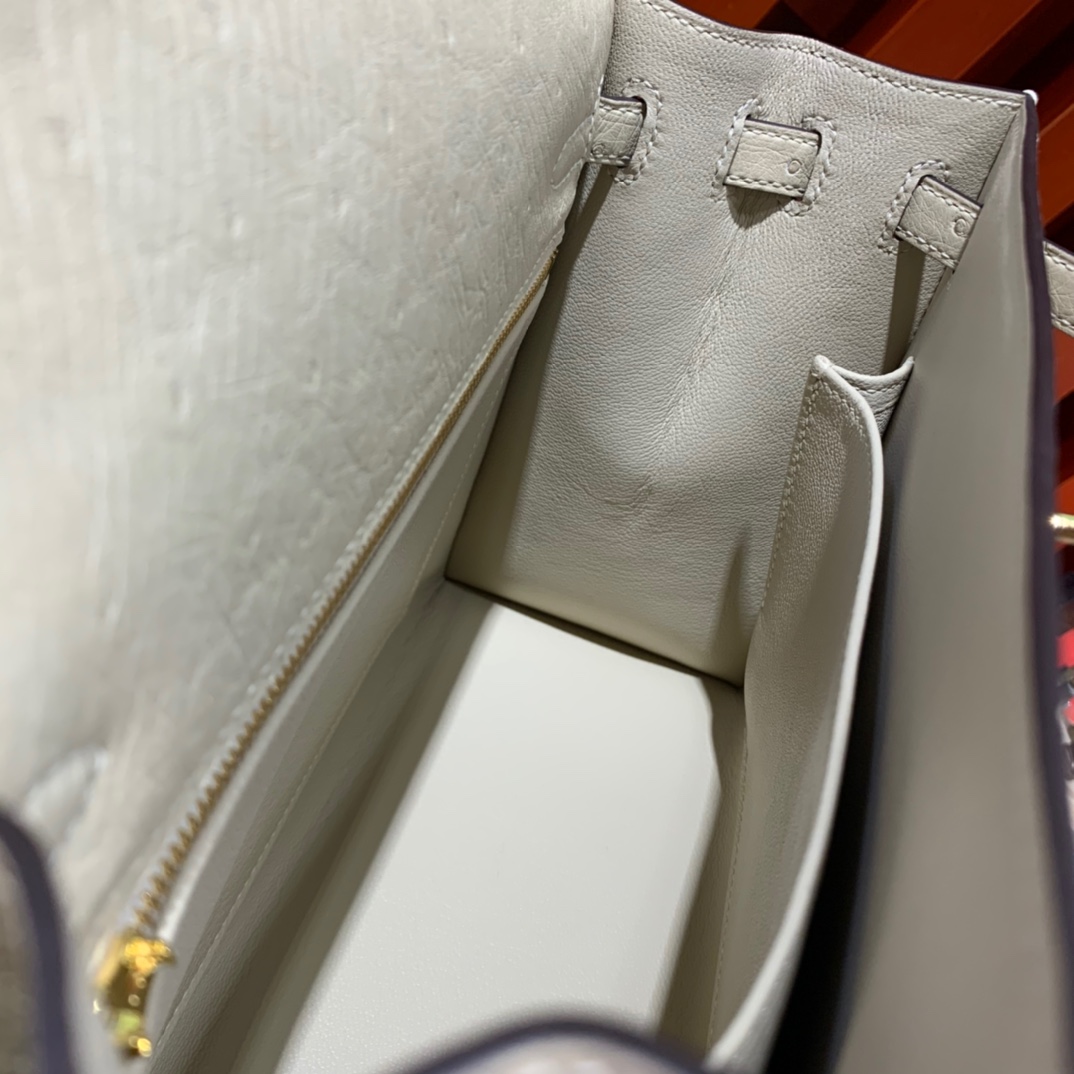 现货 Hermes Kelly25cm 爱马仕南非KK鸵鸟皮凯莉包 羊毛白 金扣
