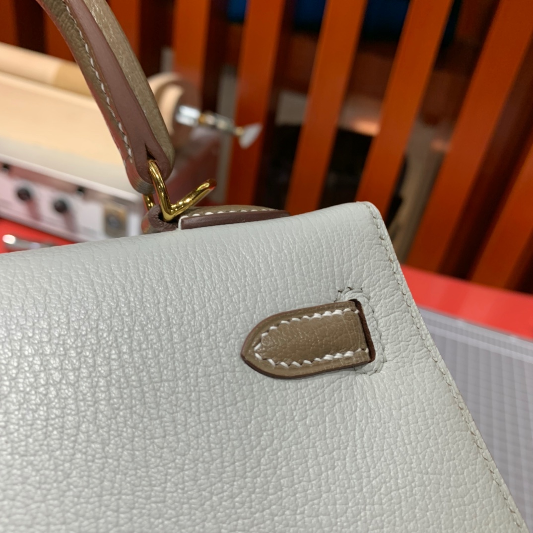 现货 Hermes Kelly25CM 爱马仕海鸥灰拼大象灰进口山羊皮凯莉包 金扣