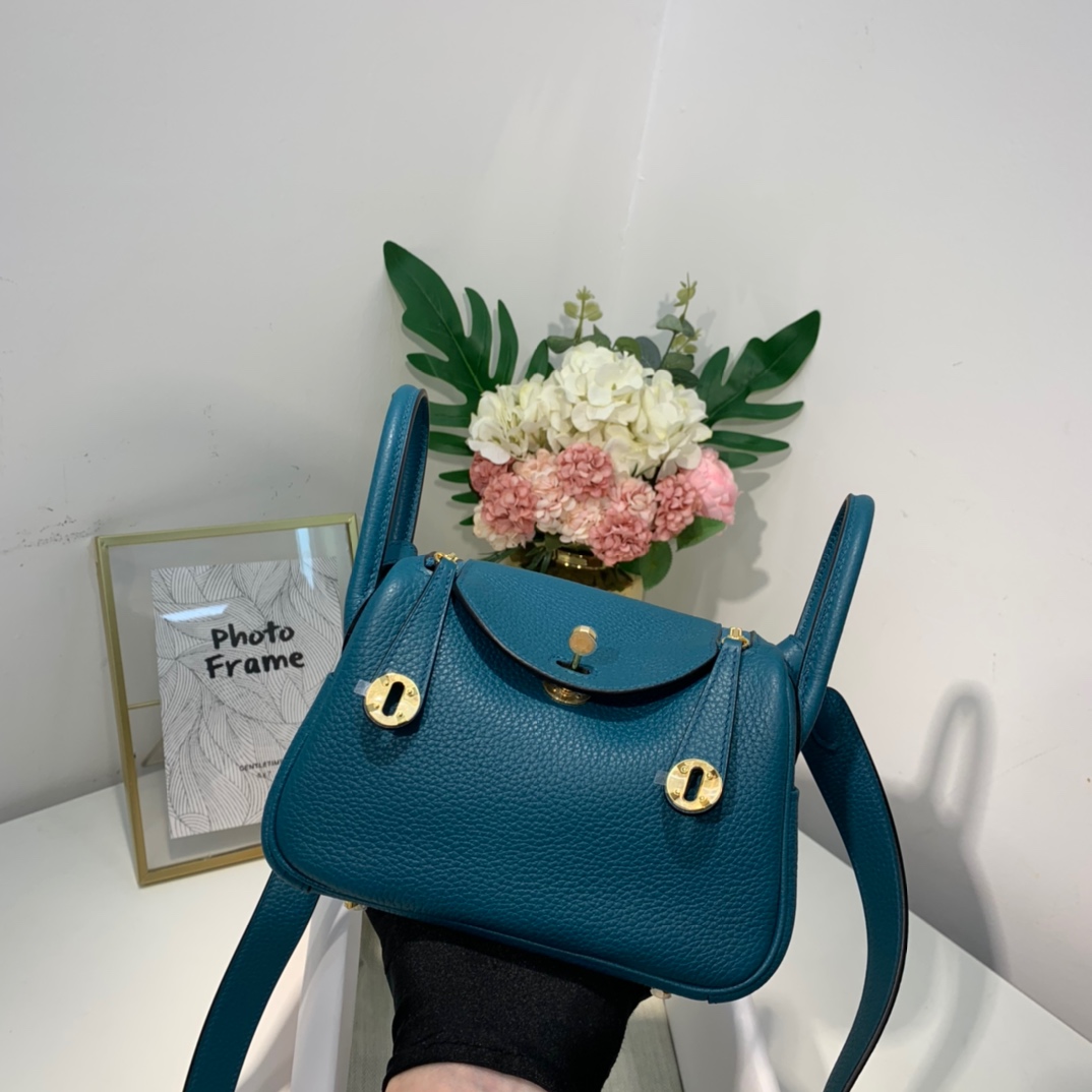 现货 爱马仕Mini Lindy包19cm Hermes博斯普鲁斯绿TC牛皮迷你琳迪包 金扣