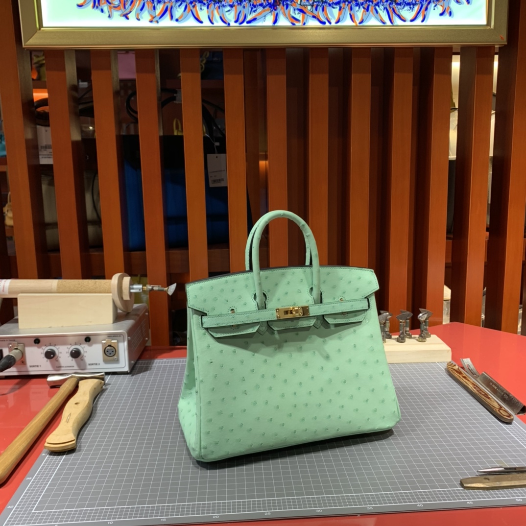 现货 爱马仕铂金包尺寸 Hermes Birkin25CM 冰淇淋绿KK鸵鸟皮 金扣