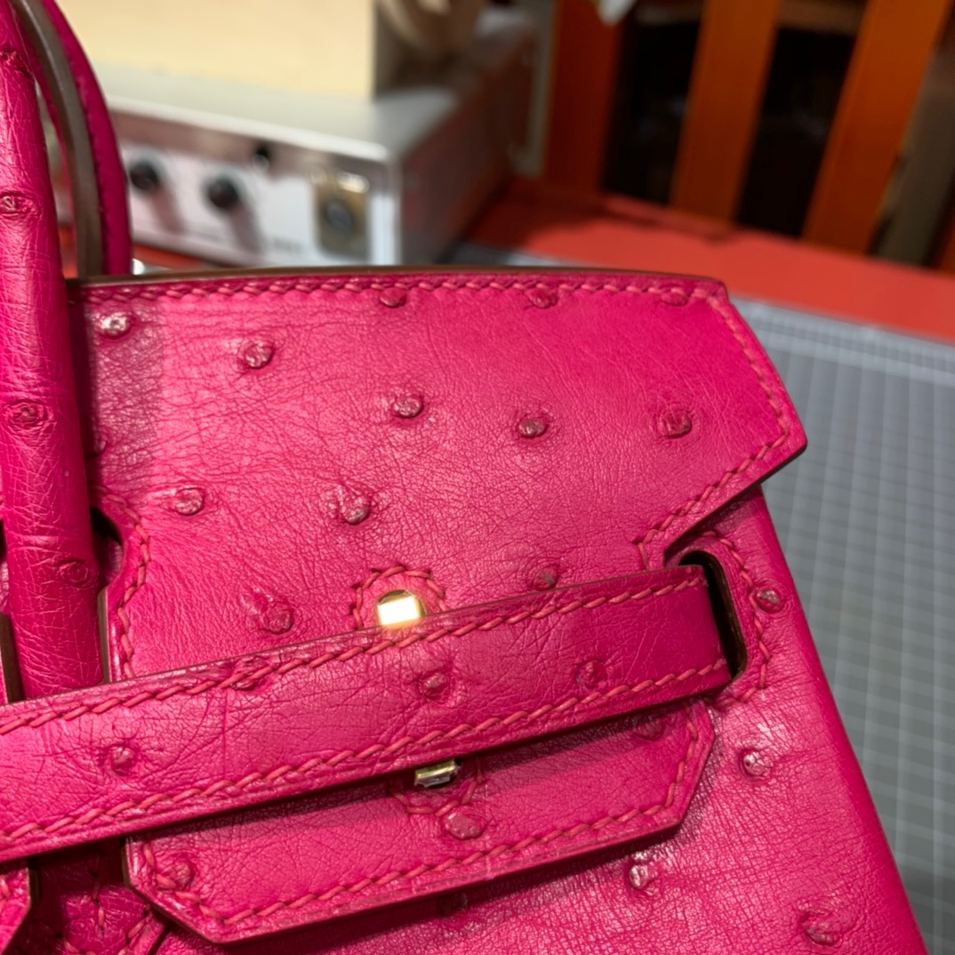 现货 爱马仕Birkin包包 Hermes极致粉KK鸵鸟皮铂金包Birkin25CM 金扣