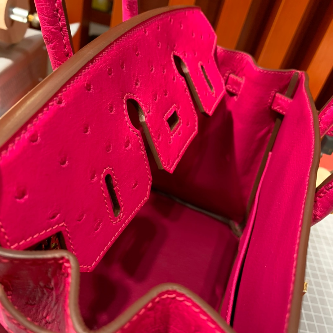 现货 爱马仕Birkin包包 Hermes极致粉KK鸵鸟皮铂金包Birkin25CM 金扣