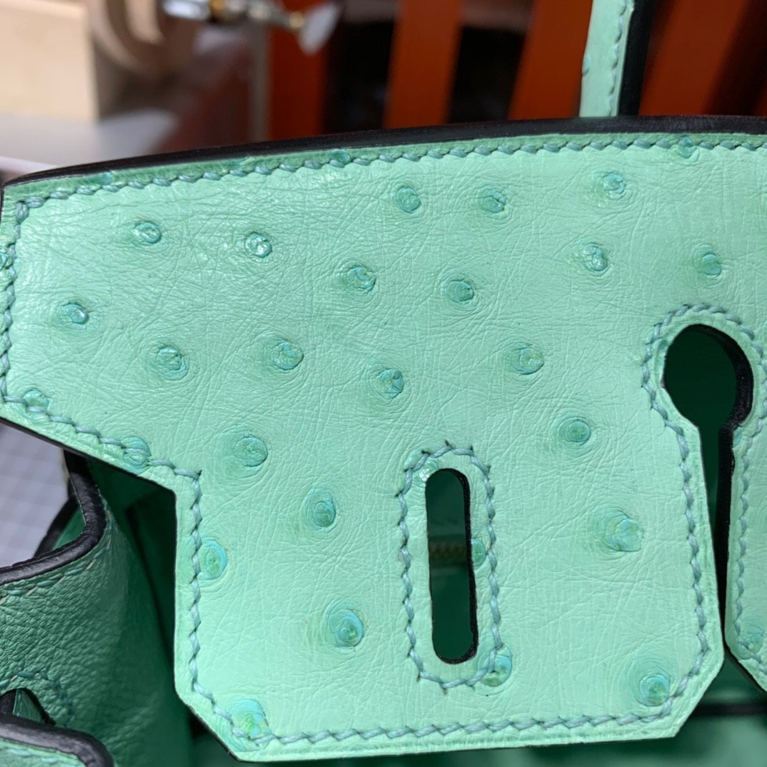 现货 爱马仕铂金包尺寸 Hermes Birkin25CM 冰淇淋绿KK鸵鸟皮 金扣
