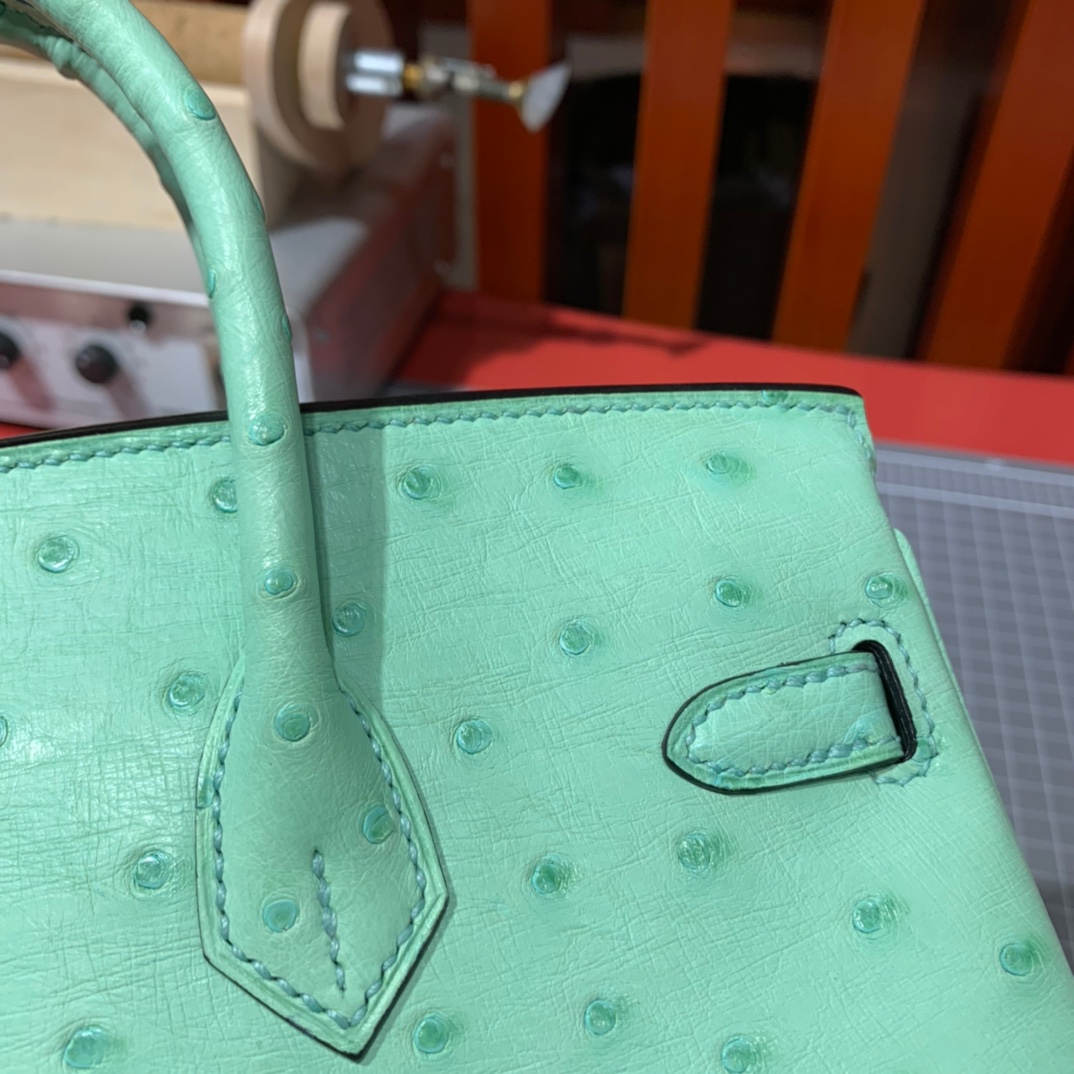 现货 爱马仕铂金包尺寸 Hermes Birkin25CM 冰淇淋绿KK鸵鸟皮 金扣