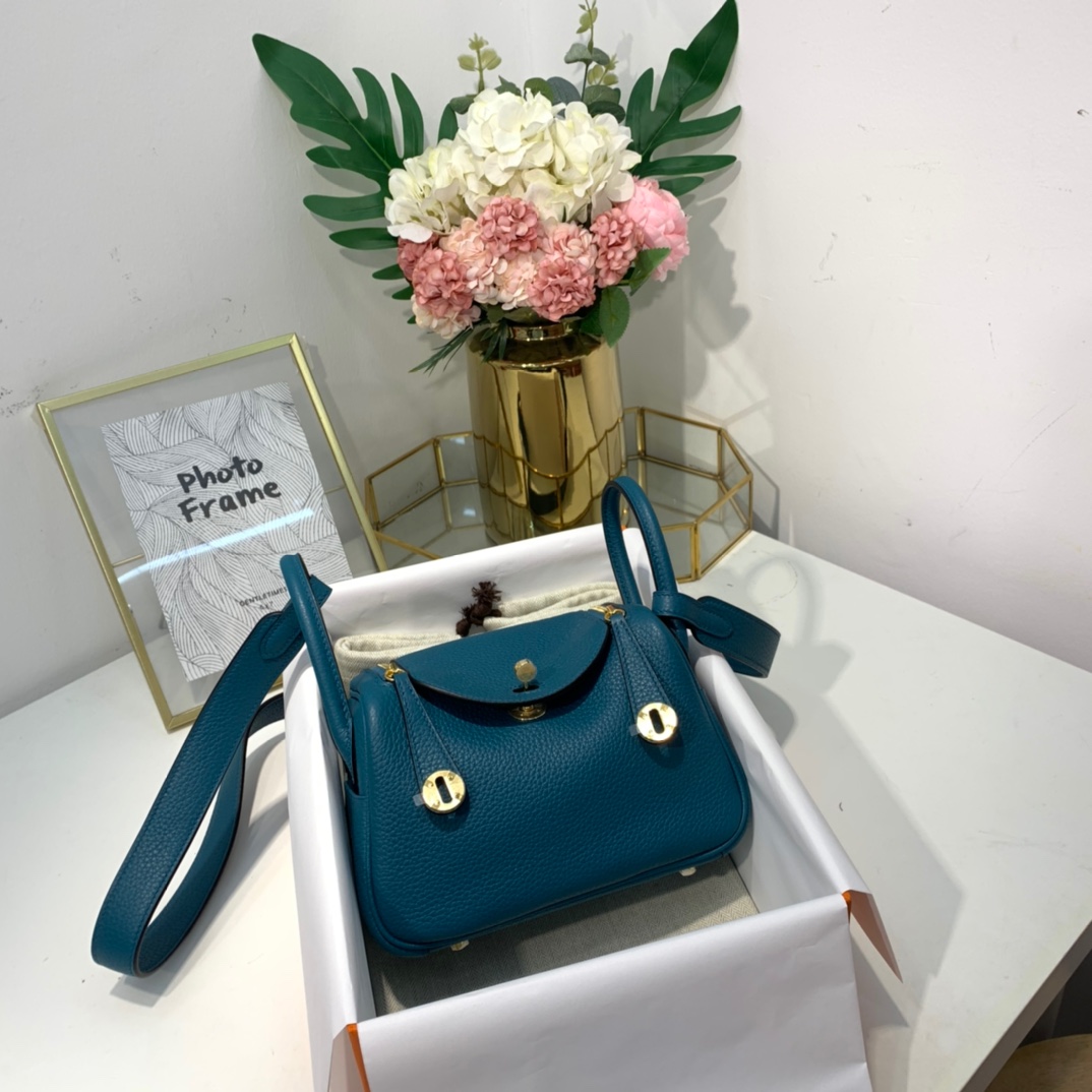 现货 爱马仕Mini Lindy包19cm Hermes博斯普鲁斯绿TC牛皮迷你琳迪包 金扣
