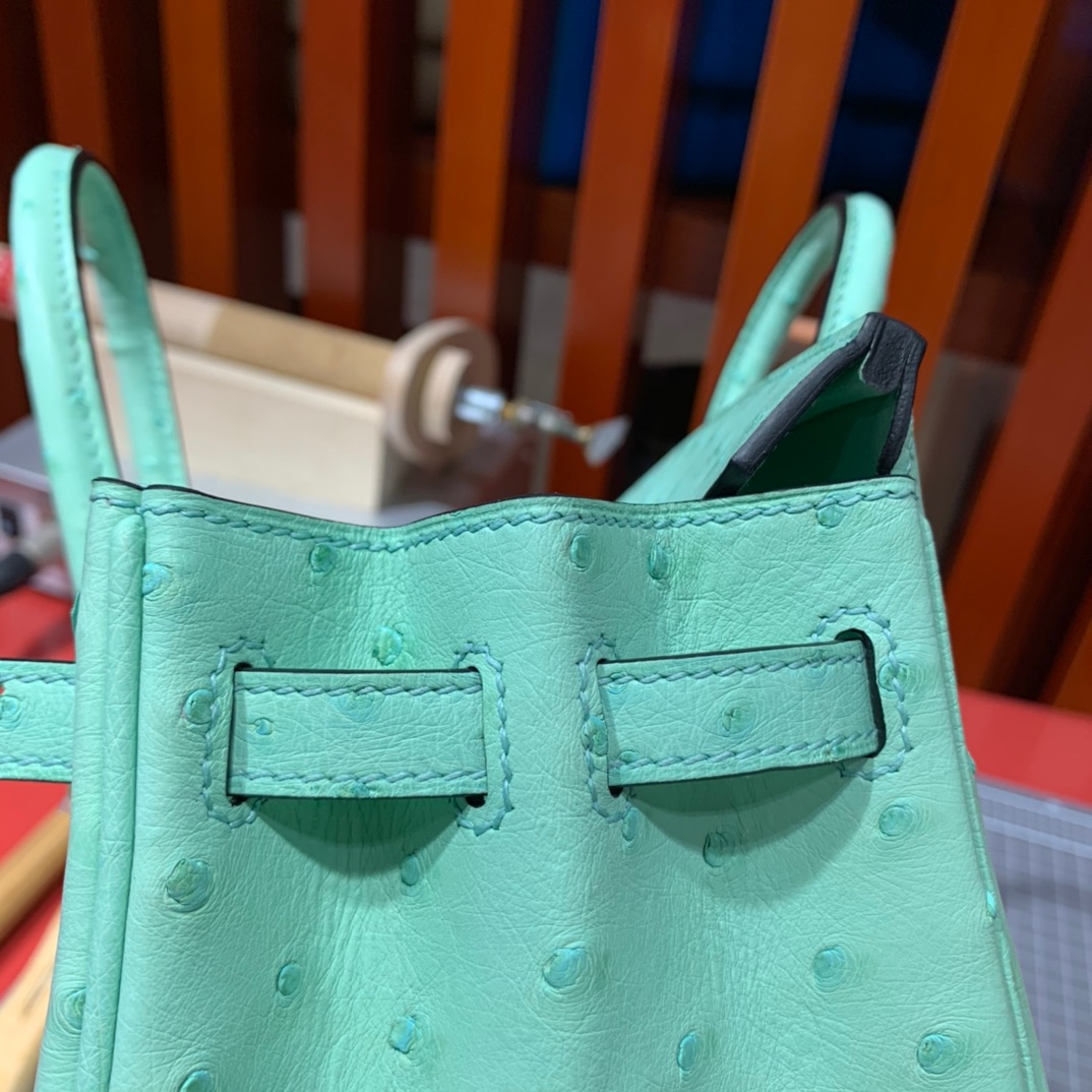 现货 爱马仕铂金包尺寸 Hermes Birkin25CM 冰淇淋绿KK鸵鸟皮 金扣
