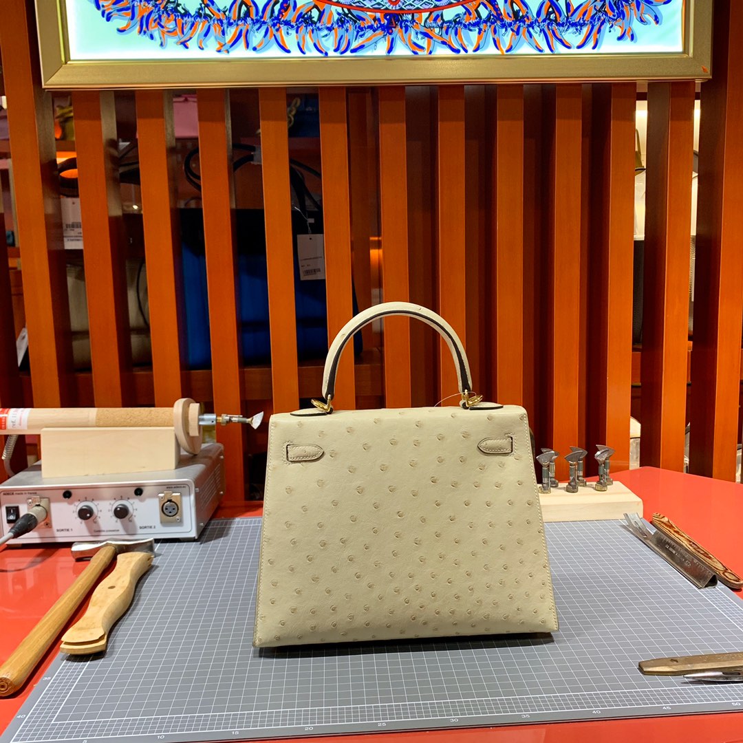 现货 Hermes Kelly25cm 爱马仕南非KK鸵鸟皮凯莉包 羊毛白 金扣